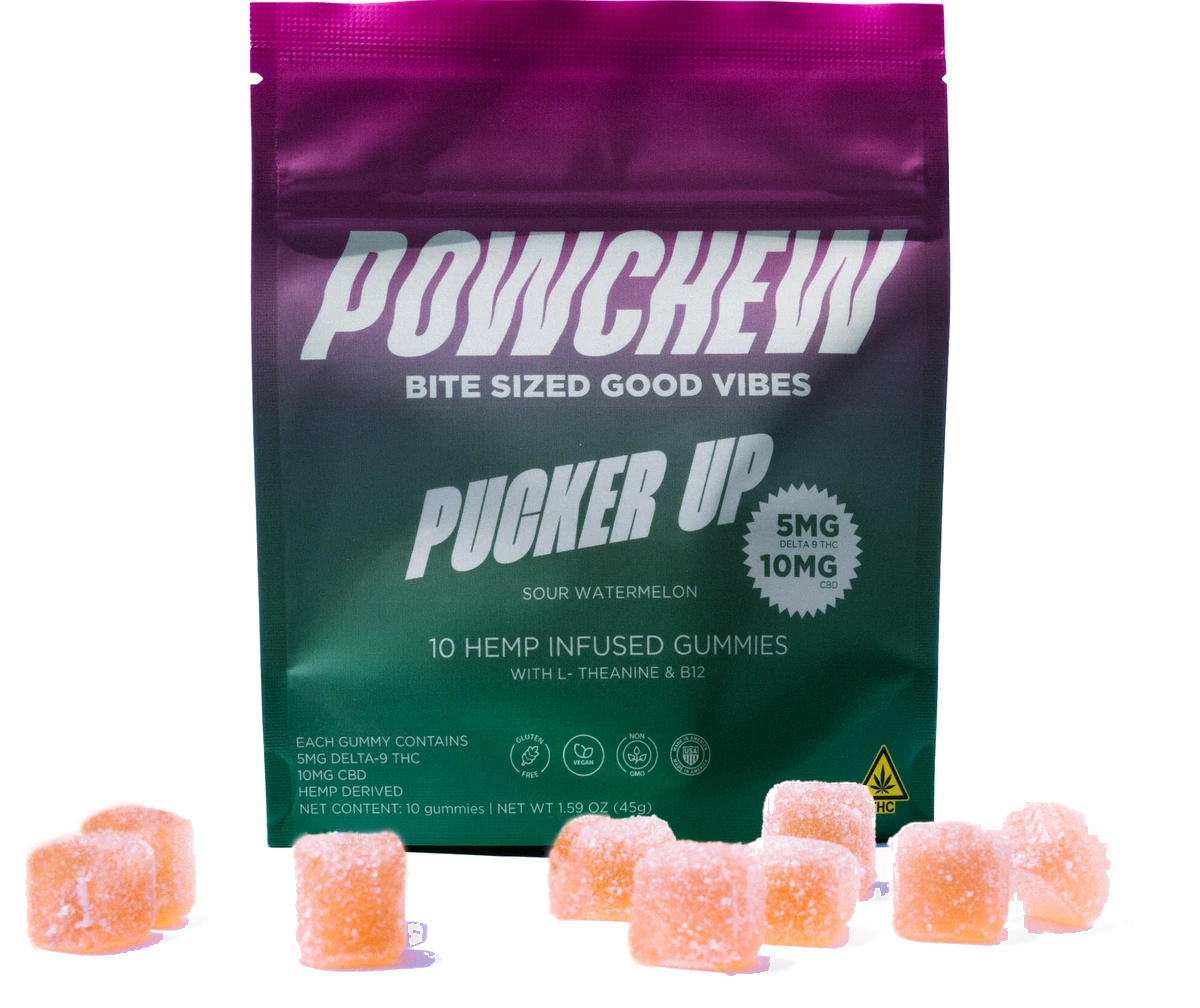 Pucker Up pouch with sour watermelon gummies